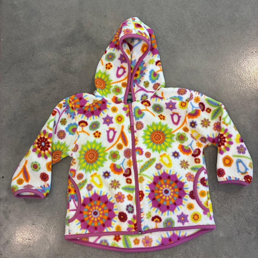 Vintage L.L.Bean floral print full zip fleece hoodie sweater jacket girls 2T